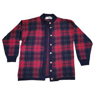 Vintage Rannoch‎ Tartan Plaid Cardigan Sweater S Red Navy Acrylic Scotland